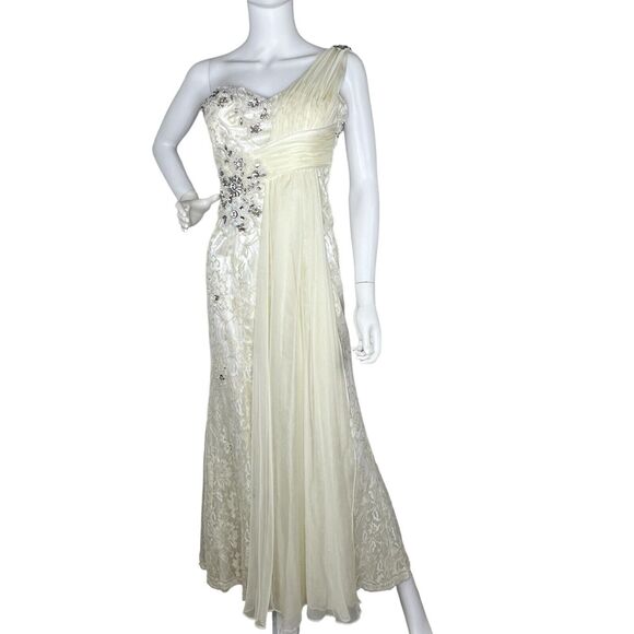 Size 6 Maxi One Shoulder Lace Gown Maxi Dress Whimsical Fairy Angelic Prom Ivory - Picture 2 of 9